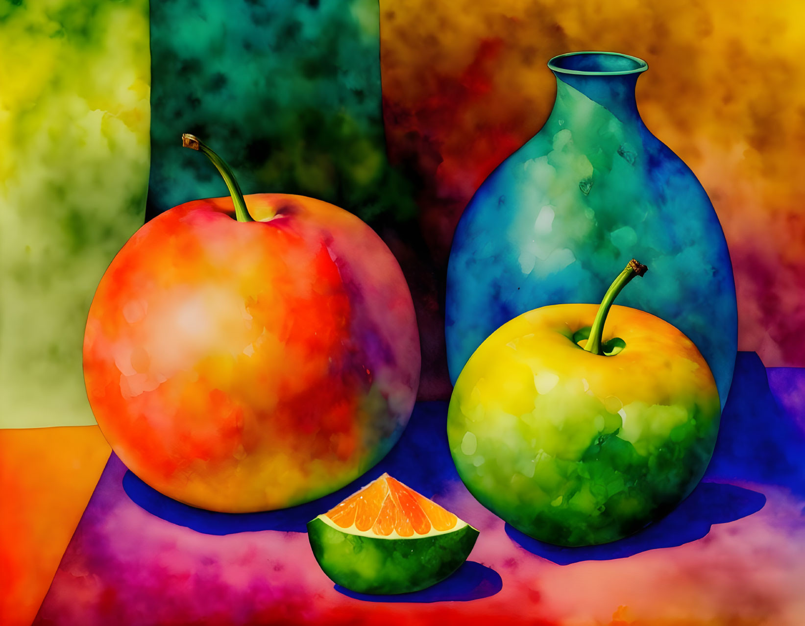 Vibrant still life with apples, orange slice, blue vase on abstract background