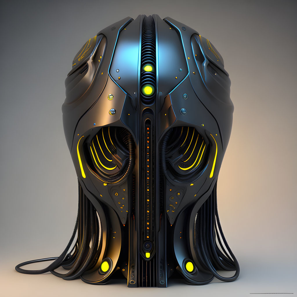 Sleek black and metallic futuristic helmet with glowing yellow accents