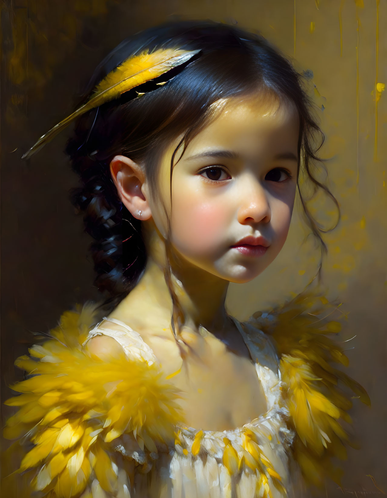 Young girl in yellow feathered attire with melancholic expression