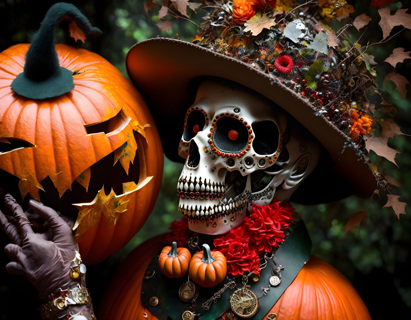 Skull with gears and red flowers in Halloween scene