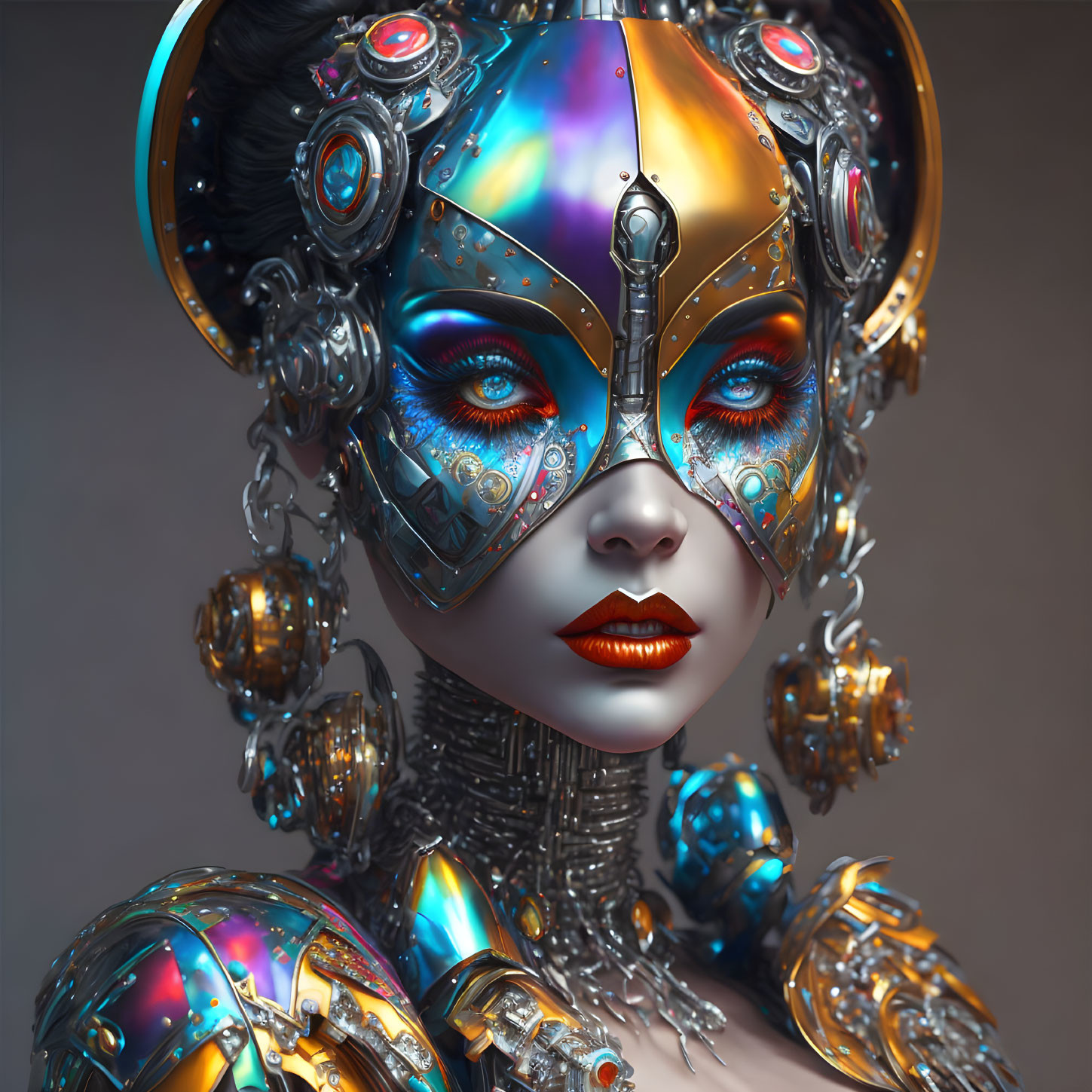 Colorful Futuristic Female Robot Portrait with Ornate Headgear