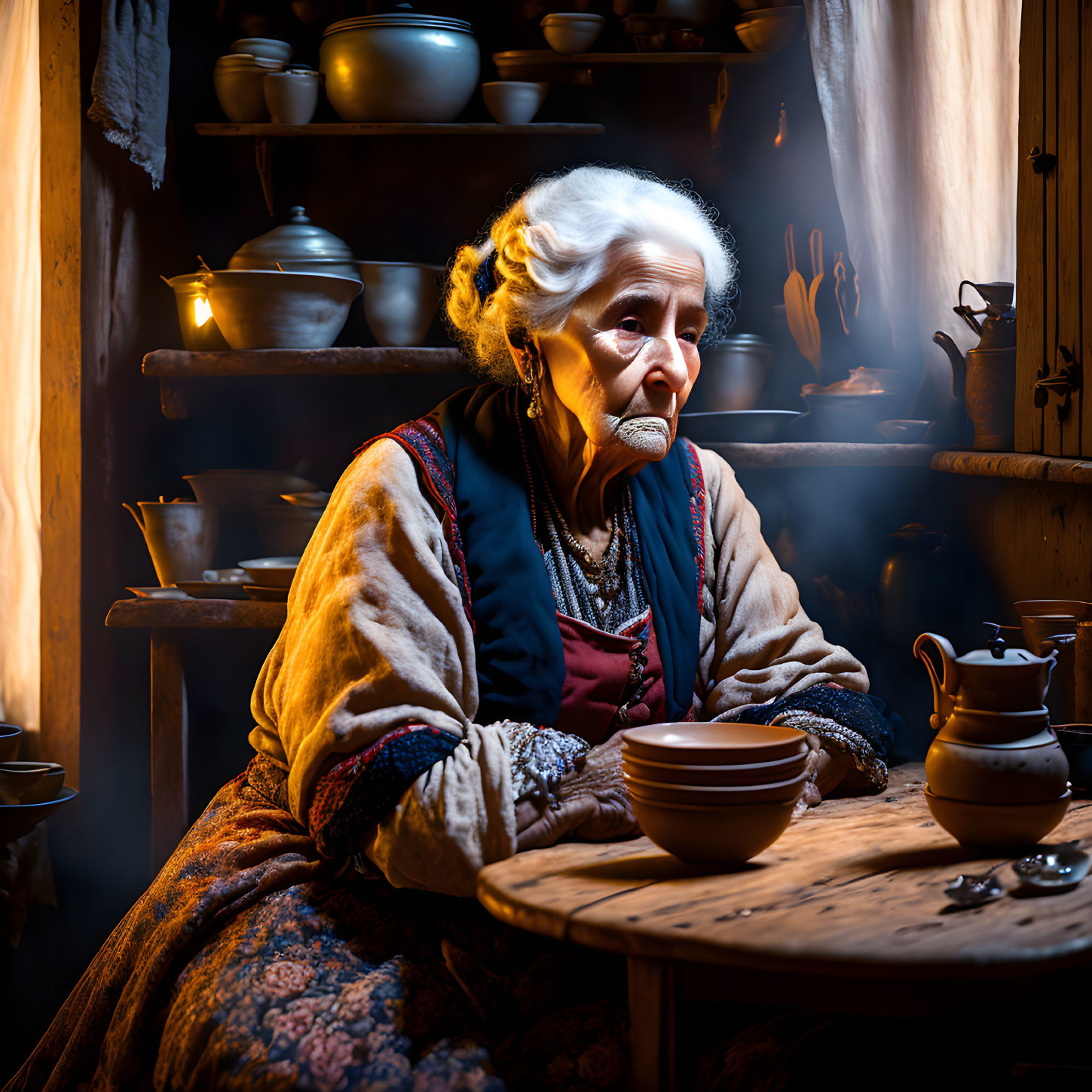 Elderly woman in historical attire sitting at wooden table in rustic kitchen