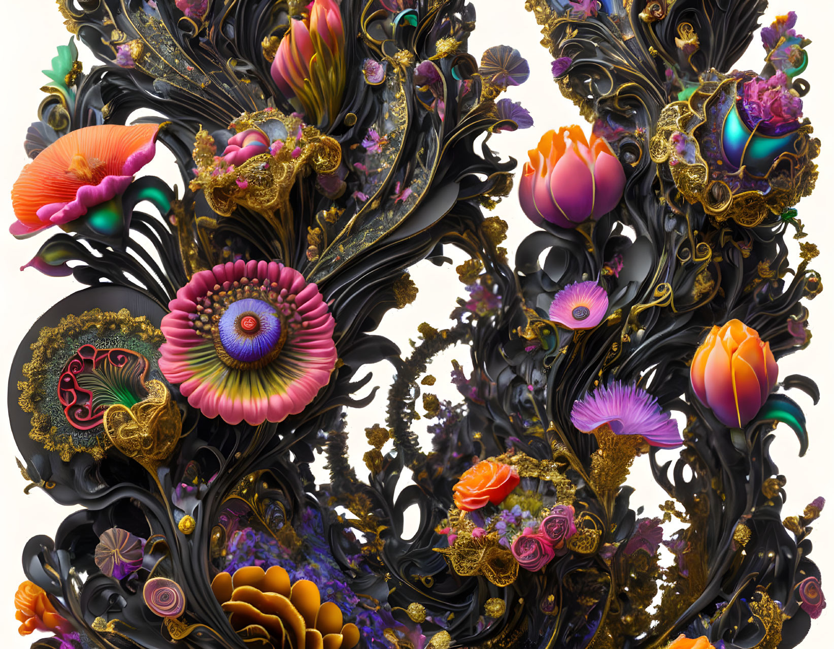 Vibrant digital art: Fantastical flowers with ornate patterns