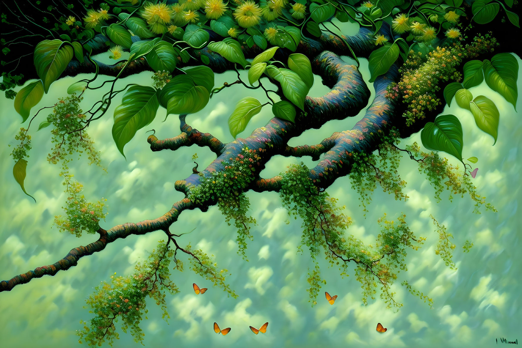 Detailed painting of lush tree branch with green leaves, blooming flowers, and orange butterflies