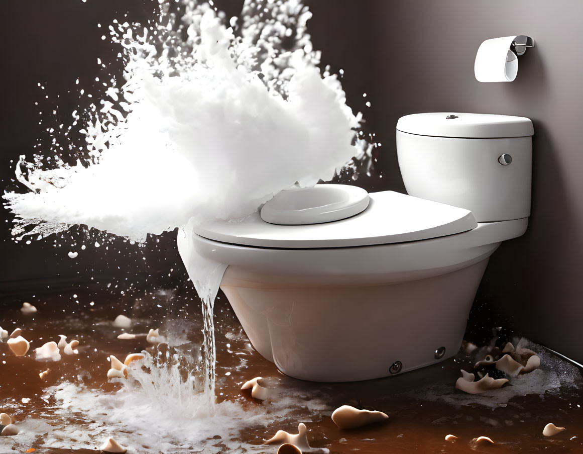 Overflowing toilet bowl with water splashing and debris on flooded bathroom floor.