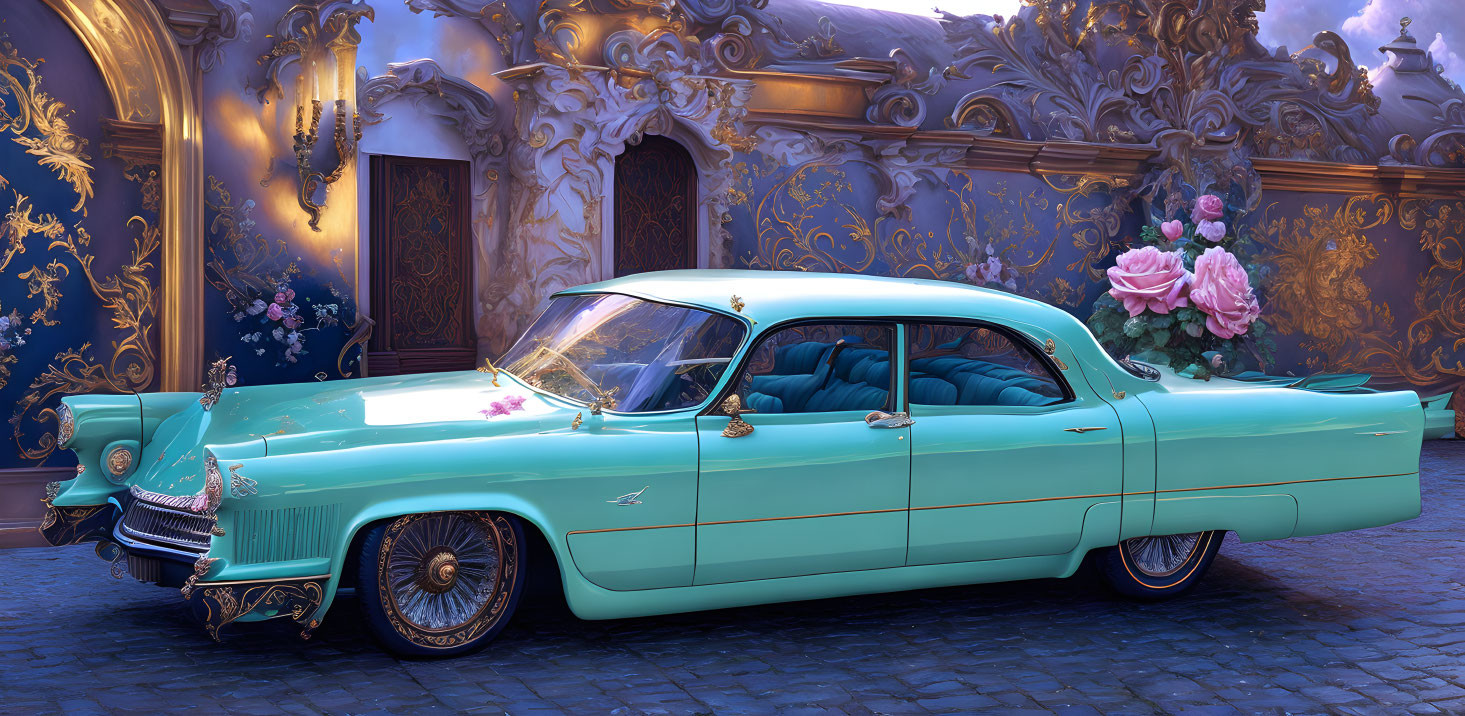 Vintage luxury car in mint green with floral accents