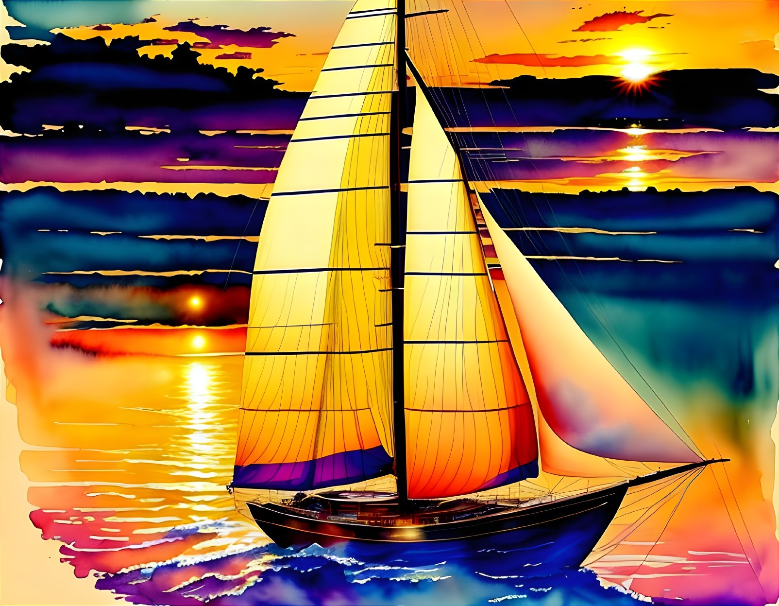 Vivid Sunset Sailboat Digital Art with Colorful Reflections