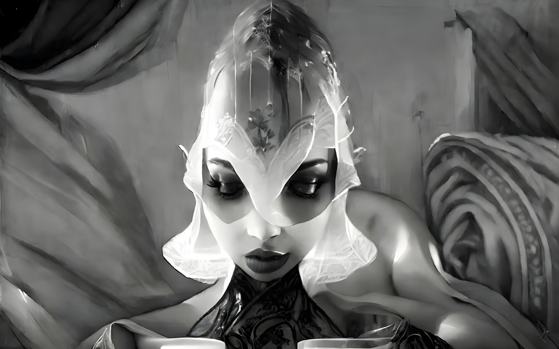 Monochrome fantasy art of female character with intricate headpiece and chalice