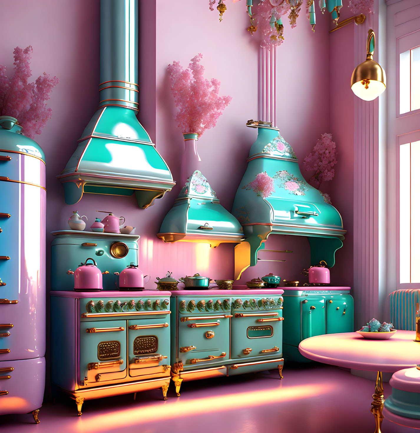 Retro-style kitchen with turquoise appliances and pink walls