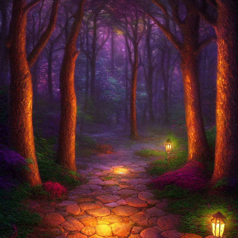 Enchanting forest path with glowing lanterns and vibrant foliage