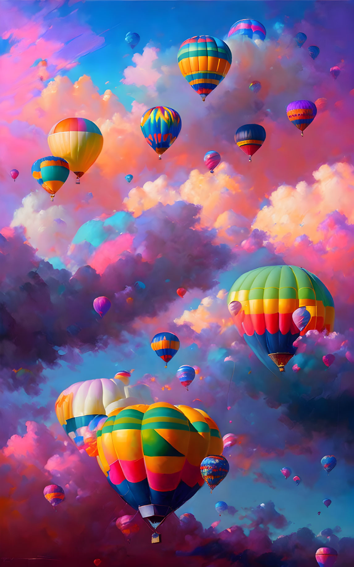 Vibrant hot air balloons in pink, blue, and orange sky