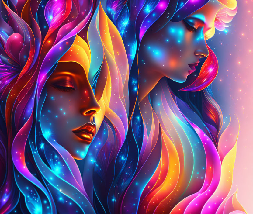 Colorful Cosmic Profile Faces with Starry Skin and Flowing Hair