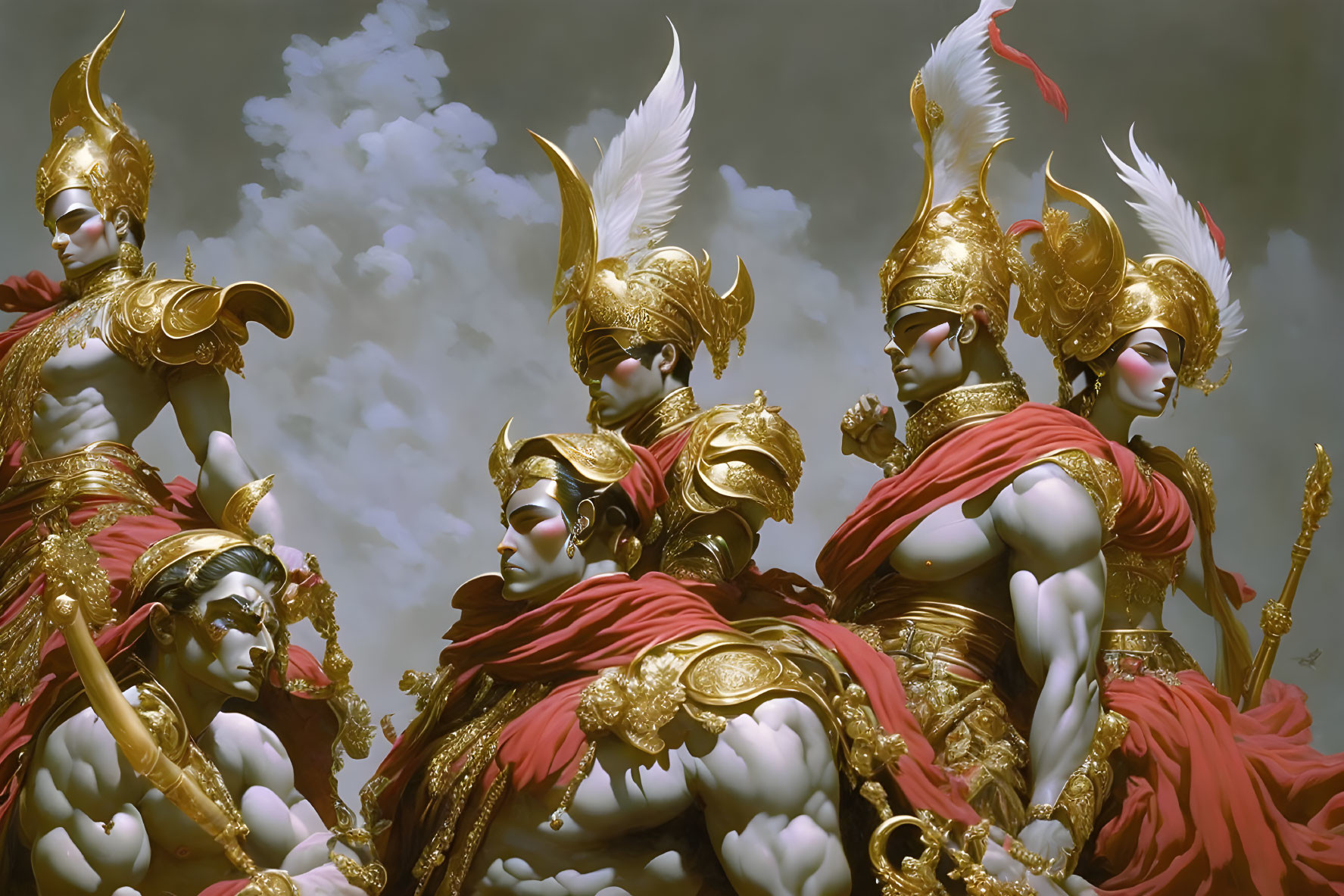 Ornately Dressed Characters in Golden Armor and Feathered Headpieces