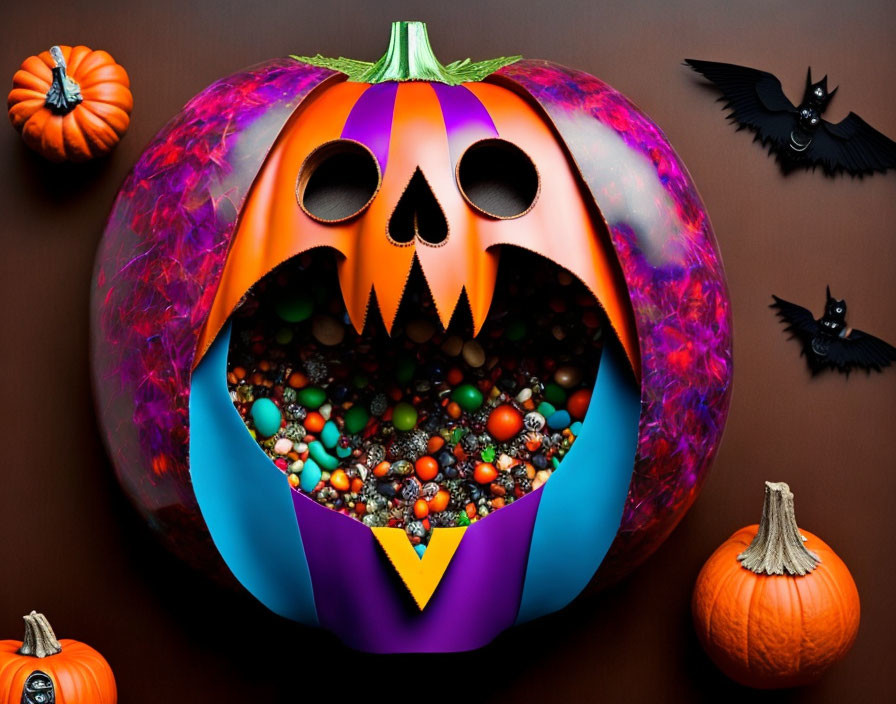 Carved pumpkin with candies, smaller pumpkins, and bats on dark background