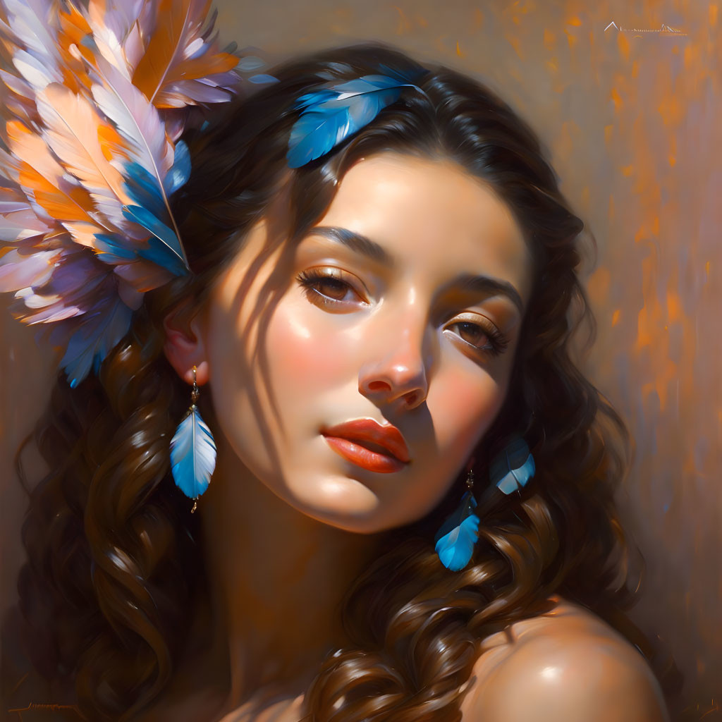 Serene woman portrait with colorful feather accessories