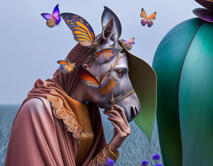 Surreal Figure with Horse Mask and Butterflies in Nature