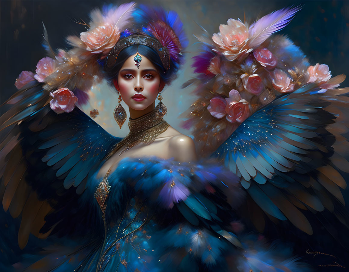 Elaborate blue and gold plumage woman with headdress among flowers and feathers