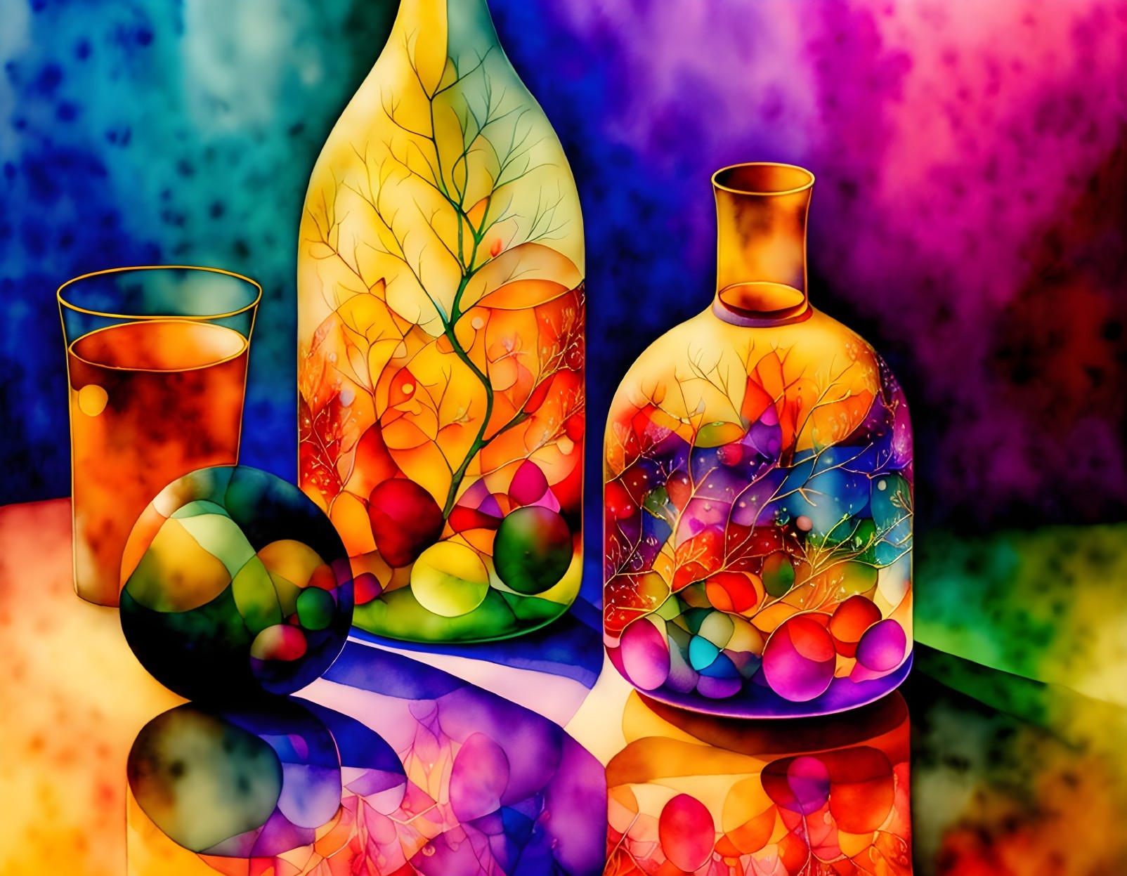 Colorful Still Life Painting with Translucent Vessels and Fruit Designs