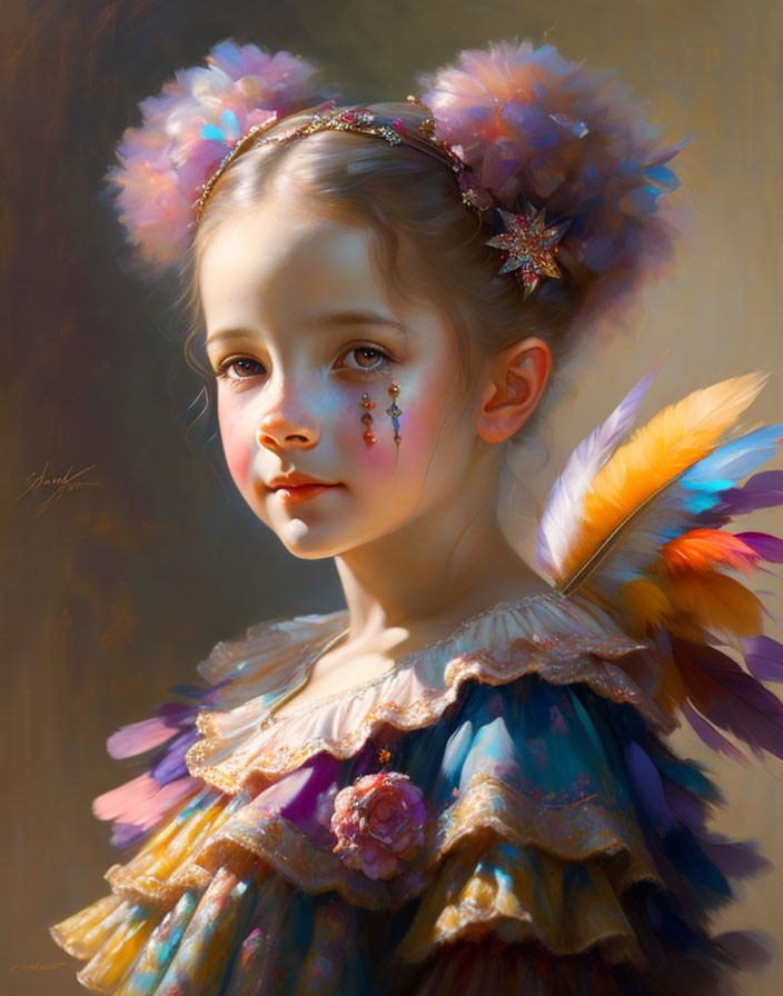 Portrait of young girl with floral headband and face jewels