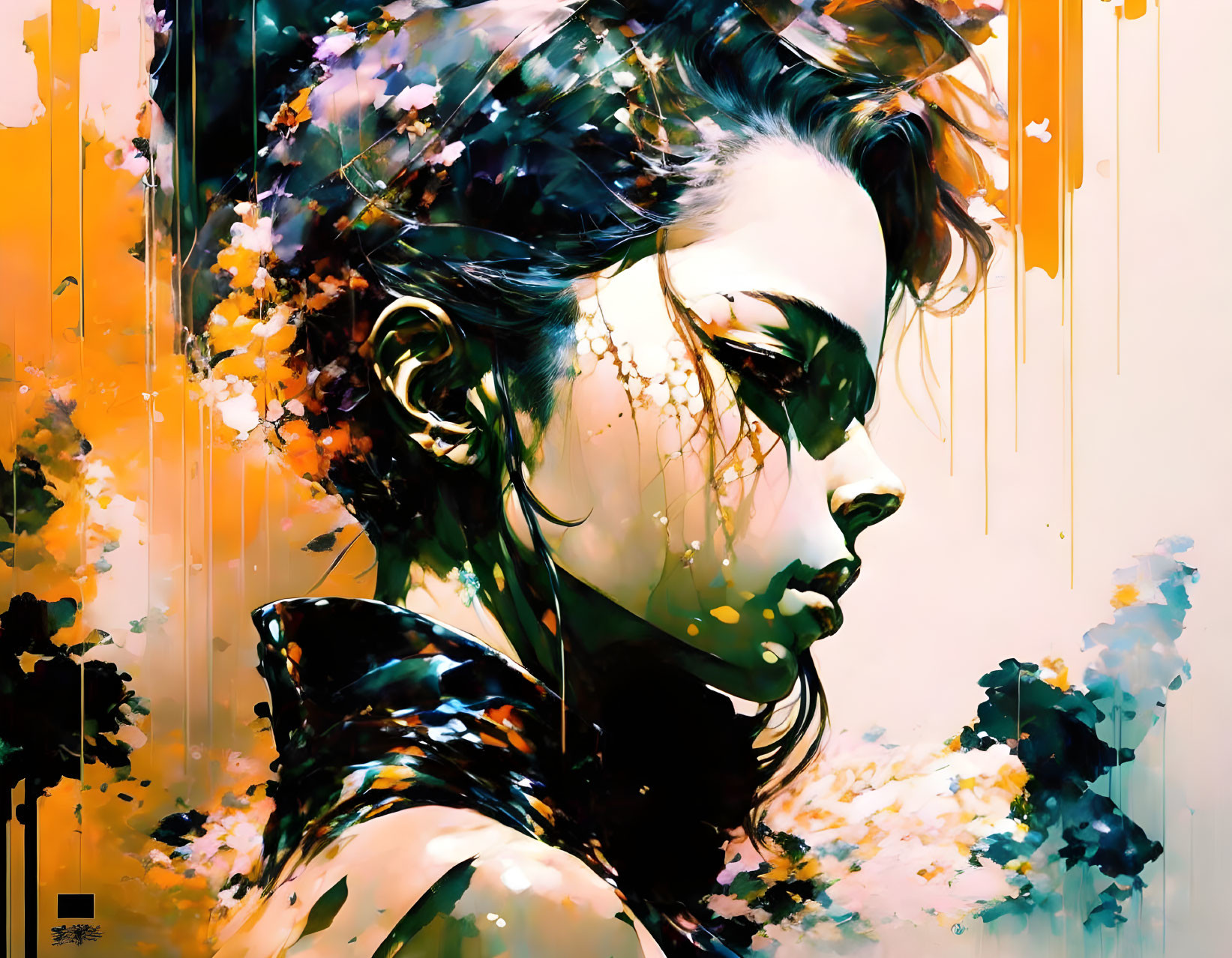 Colorful digital artwork: Woman profile with flowing hair in abstract orange, yellow, and blue tones