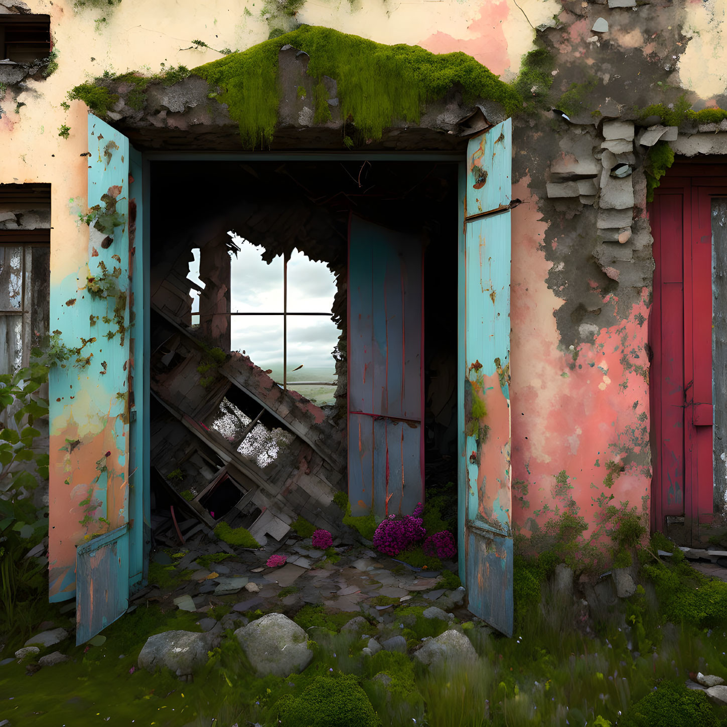 Dilapidated blue door on abandoned building with overgrown moss