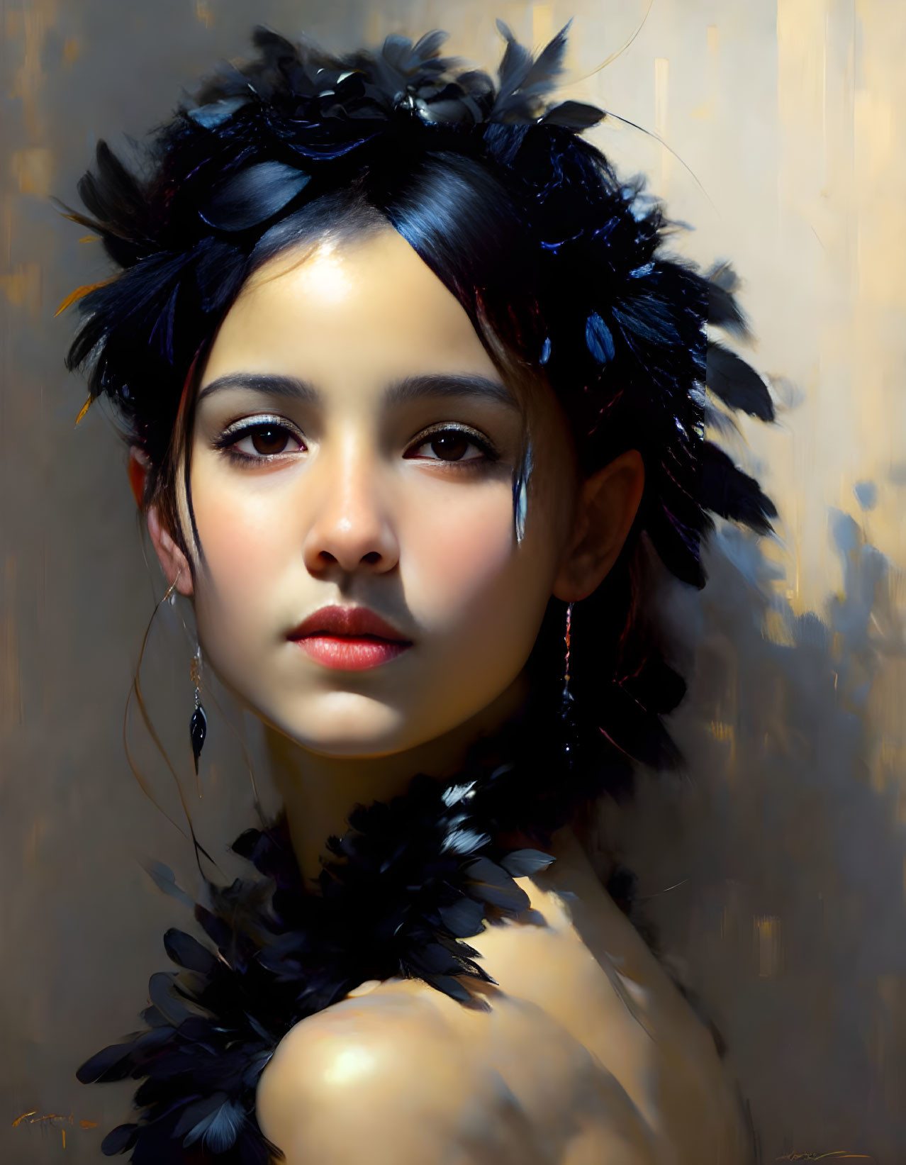 Intense woman portrait with dark hair, feathers, and teardrop earrings on golden backdrop.