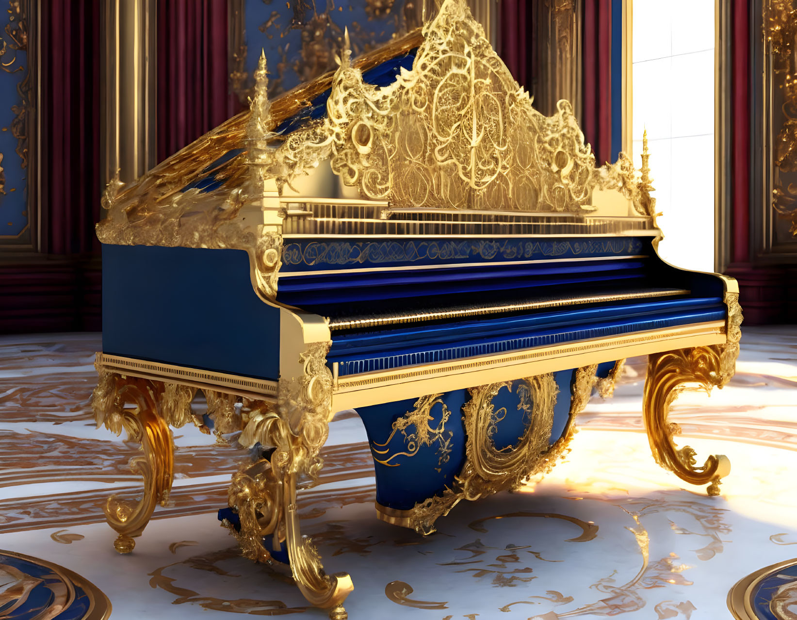 Luxurious Gold and Blue Grand Piano in Opulent Room