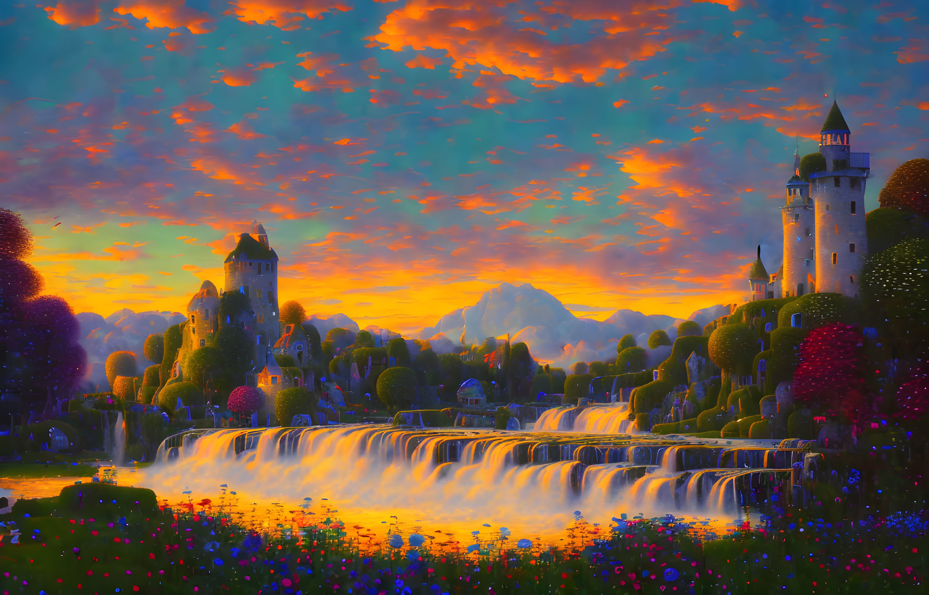 Colorful fantasy landscape with castles, waterfalls, gardens, and pink sunset sky