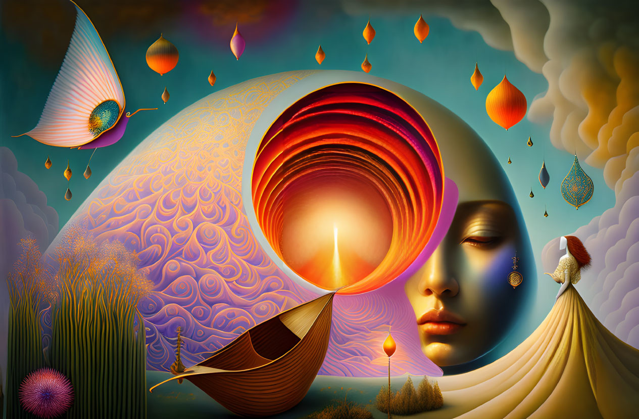 Surreal art: Candle-lit face, peacock feather boats, drops, draped figure g