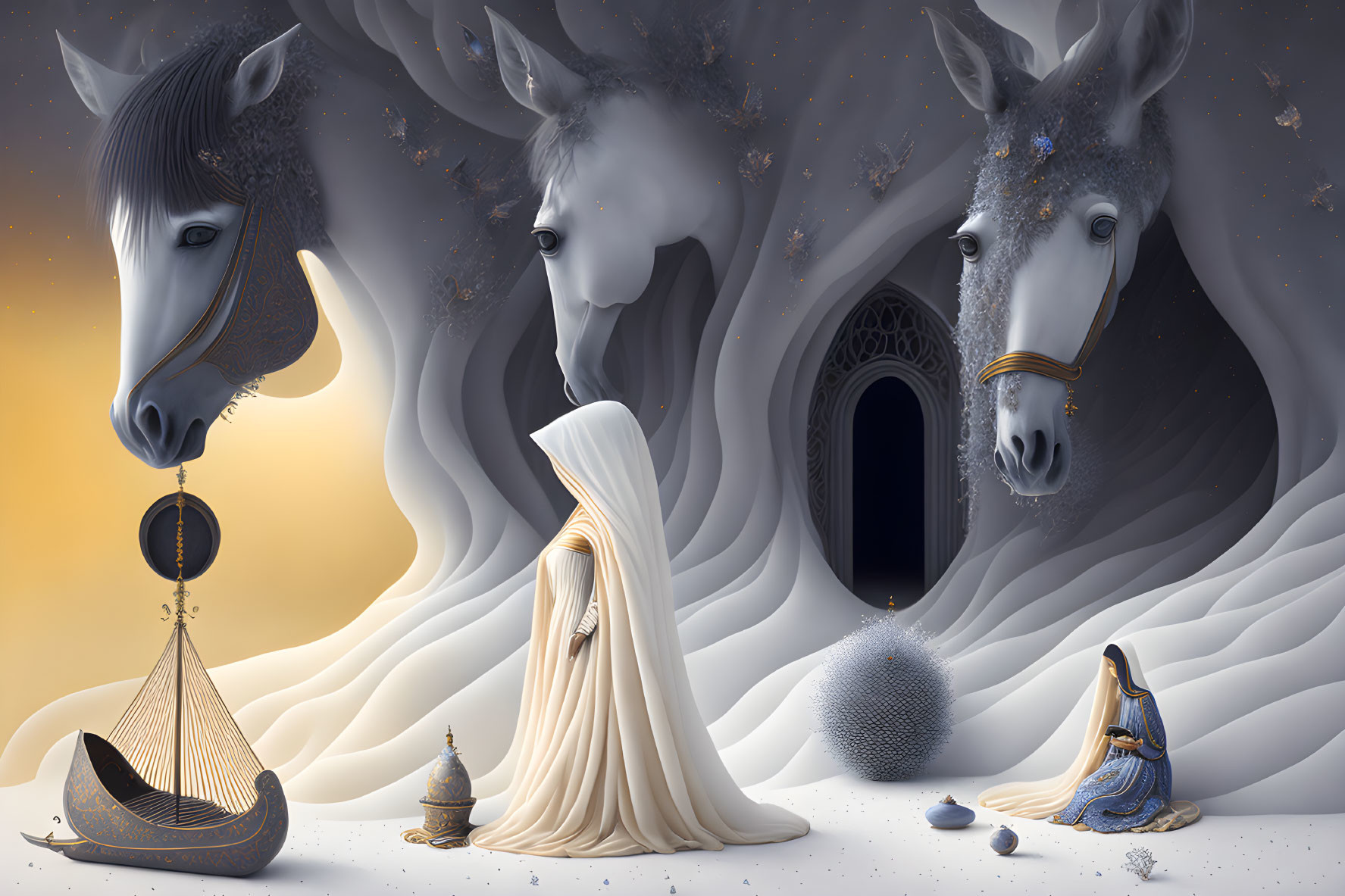 Surreal artwork: Three horse heads, humanoid figures, floating orb, mystical objects