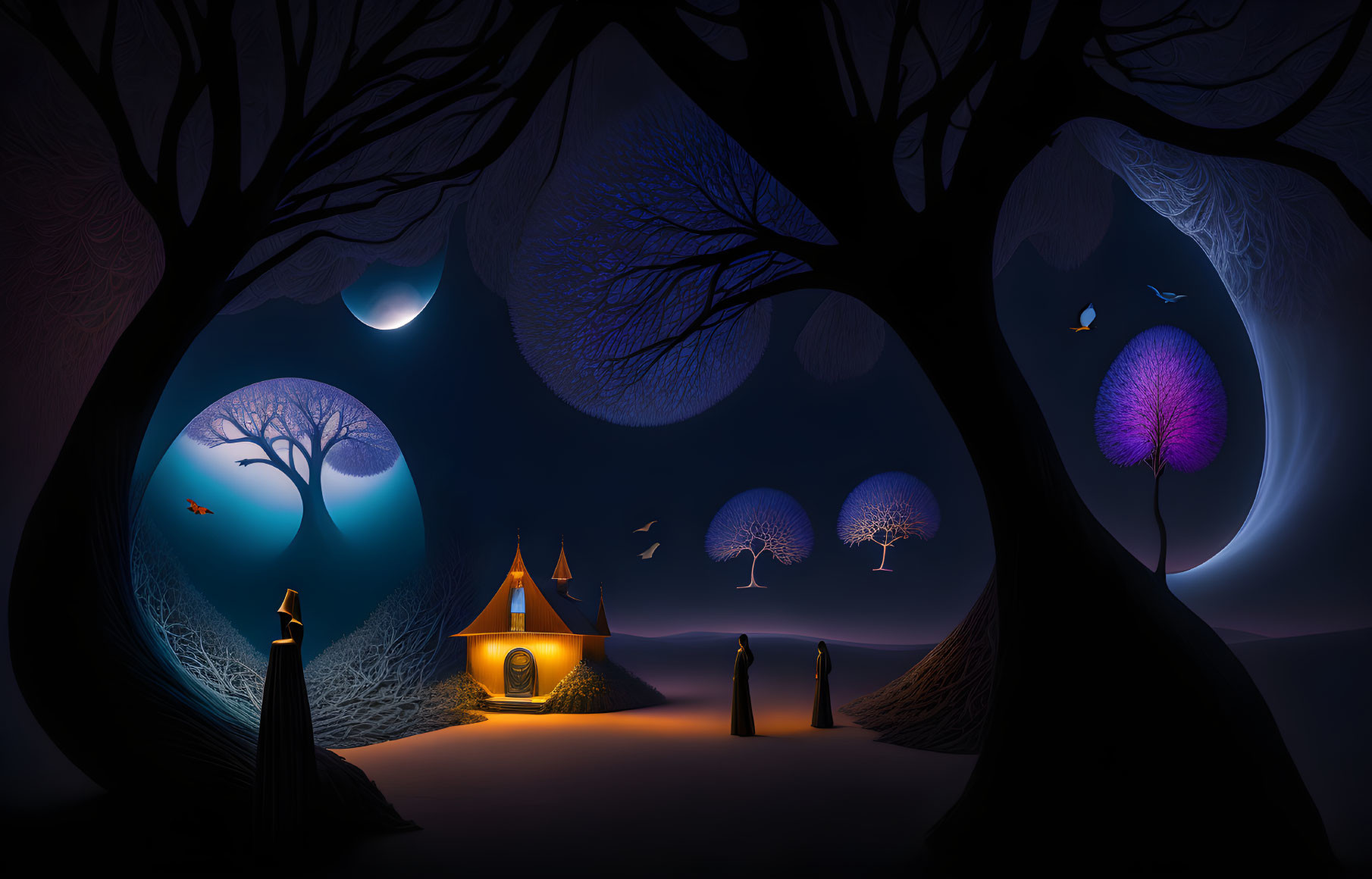 Enchanting nighttime landscape with small house, figures, vibrant trees, and starlit sky.