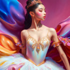 Elegant woman in ornate ballet costume against vibrant background