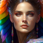 Multicolored feathered wings and sparkling freckles on a woman in digital portrait
