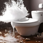 Overflowing toilet bowl with water splashing and debris on flooded bathroom floor.