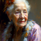 Elderly woman with warm smile, feathered accessory, and beaded necklace in soft lighting