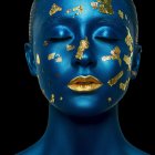 Portrait of person with blue skin makeup, gold lips, and golden eye adornments on dark background