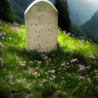 Weathered tombstone in sunlit meadow with wildflowers and forest backdrop