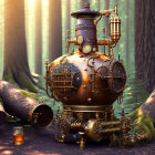 Steampunk apparatus with brass pipes in mystical forest.