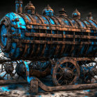 Vintage Rusty Blue Steam Locomotive in Barren Landscape