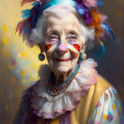 Elderly woman in clown makeup with red nose and colorful attire