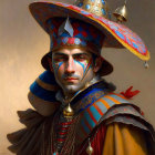 Colorful portrait of a person in ornate costume with star-tipped hat, feathers, face paint