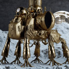 Golden mechanical lunar lander on rocky moon surface with Earth rise view