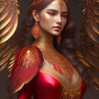 Woman in red dress with ornate gold jewelry and feathered epaulets in serene pose among