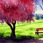 Serene park scene with red bench and blooming trees