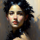 Intense woman portrait with dark hair, feathers, and teardrop earrings on golden backdrop.