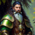 Male fantasy warrior with thick mustache in green armor in autumn forest