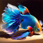 Colorful Betta Fish Painting with Blue and Orange Fins on Dark Background