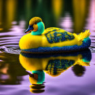 Colorful Yellow and Blue Rubber Duck Floating on Tranquil Water