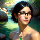 Portrait of woman with glasses, short dark hair, green jewelry, lush backdrop with water and foliage.