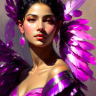 Digital portrait of a woman in purple and pink with feathered headdress - elegant and mystical portrait.